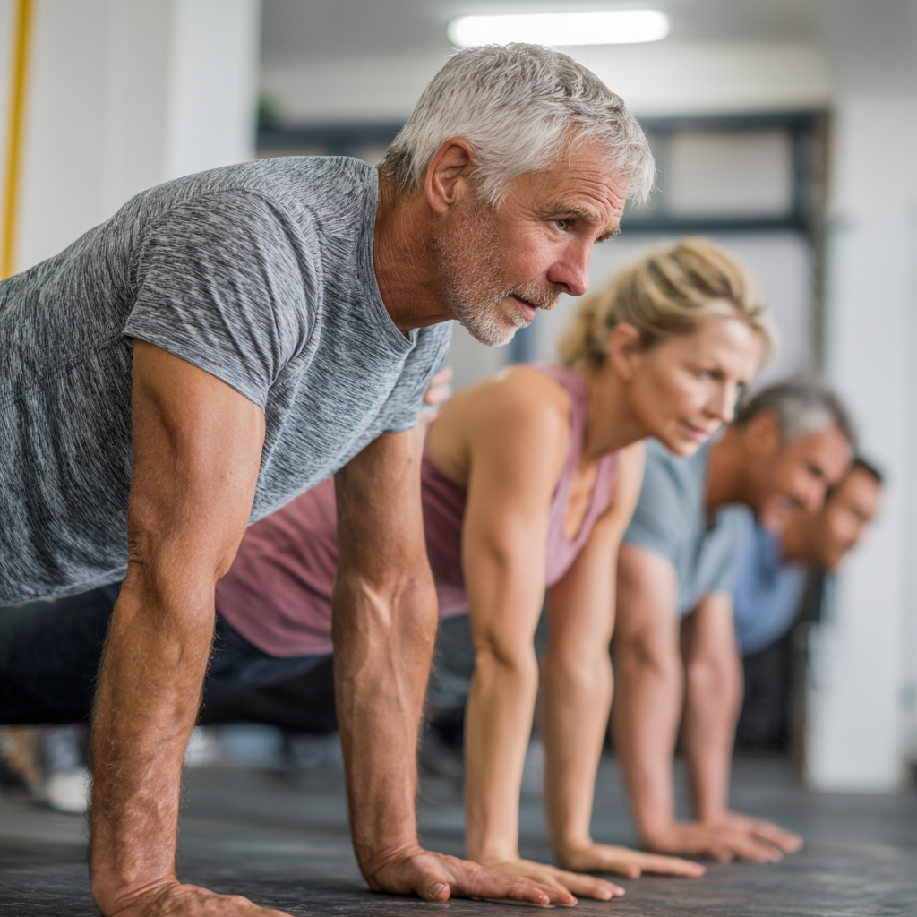 Middle-aged adults performing functional movement exercises focused on core stability and body support